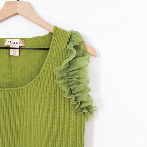 Bailey 44 Green Ribbed Tank Top Tulle Ruffle Shoulder Detail Large - Picture 2 of 7